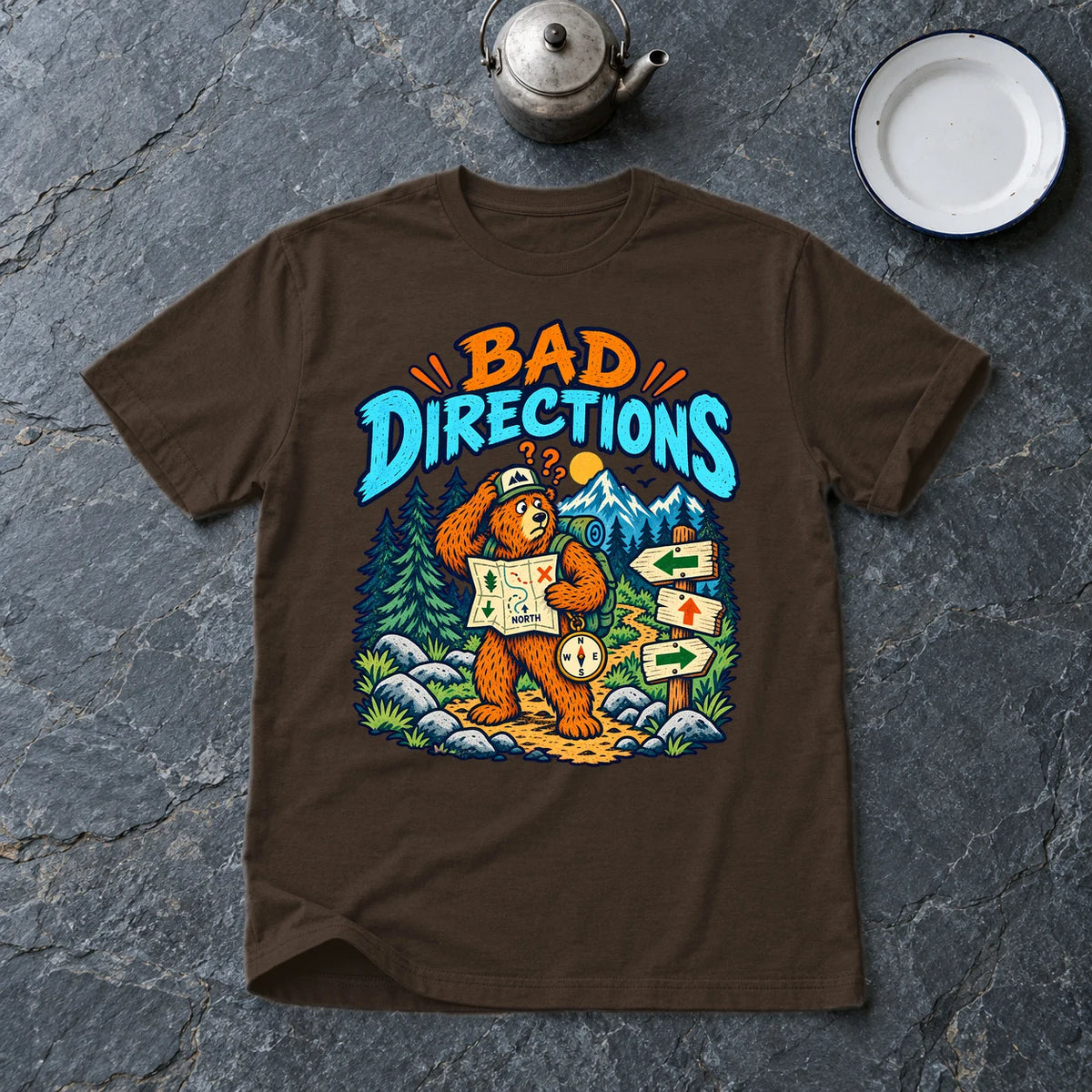 Bad Directions Bear Graphic Tee on Dark Chocolate Everyday Soft Tee