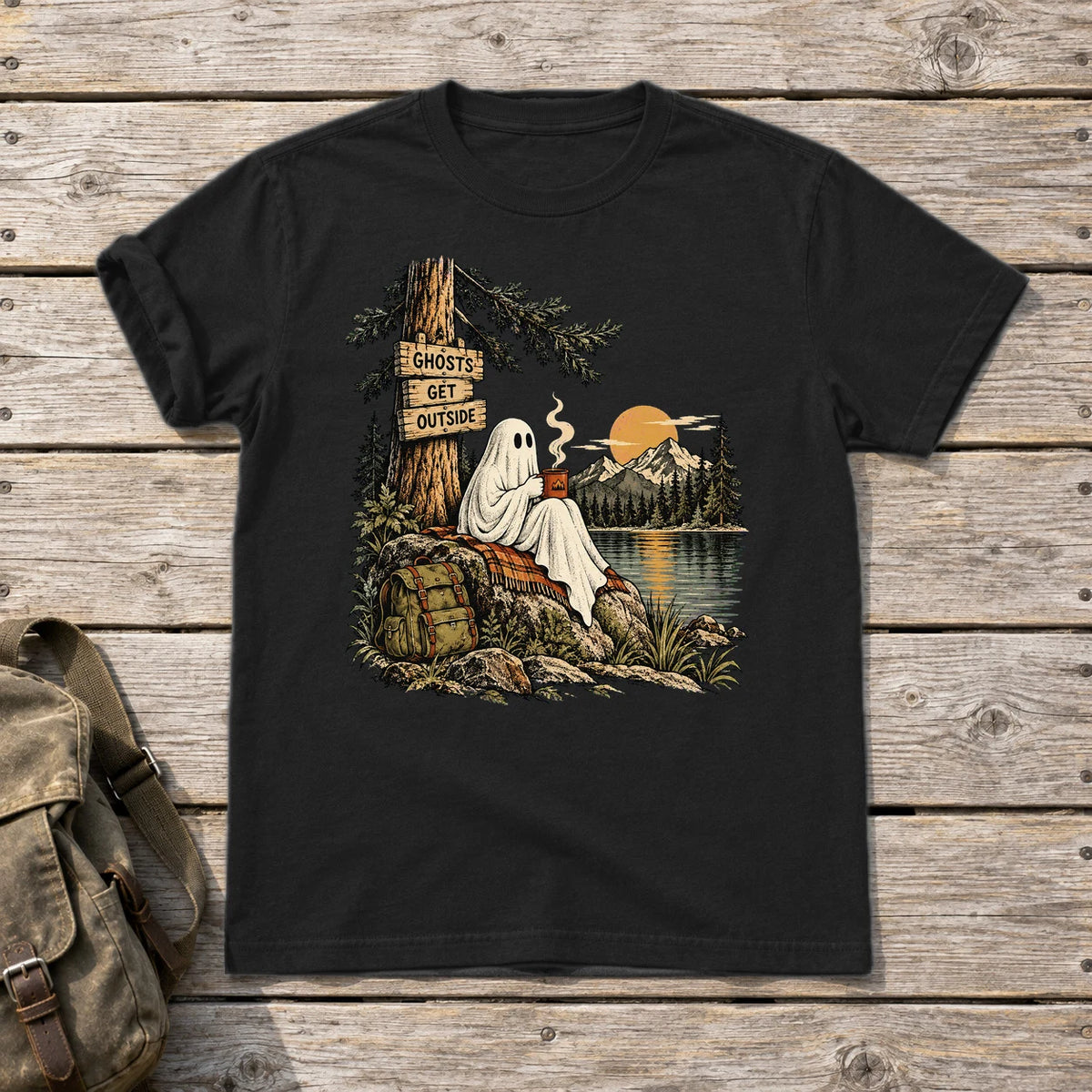 Ghosts Get Outside Graphic Tee on Black Everyday Soft Tee
