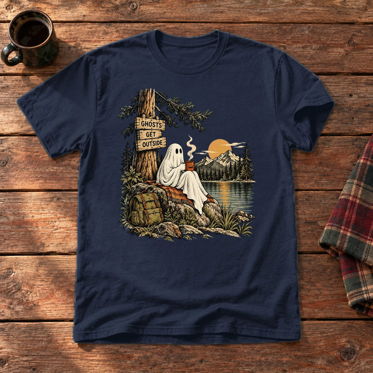 Ghosts Get Outside Graphic Tee on Navy Everyday Soft Tee