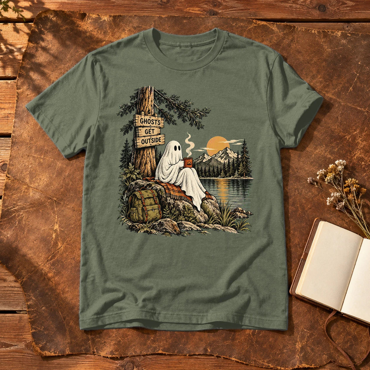 Ghosts Get Outside Graphic Tee on Military Green Everyday Soft Tee