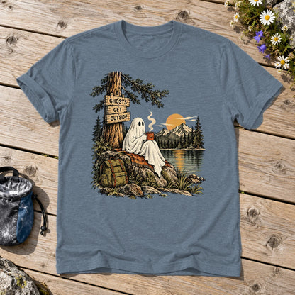 Ghosts Get Outside Graphic Tee on Heather Indigo Everyday Soft Tee