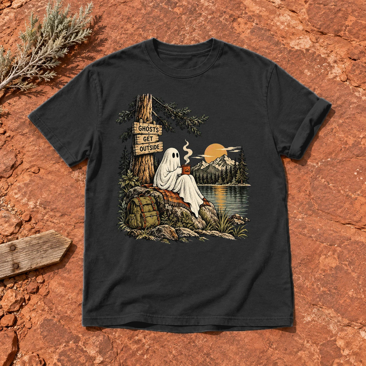Ghosts Get Outside Graphic Tee on Black Premium Tee