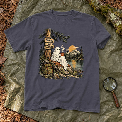 Ghosts Get Outside Graphic Tee on Navy Premium Tee