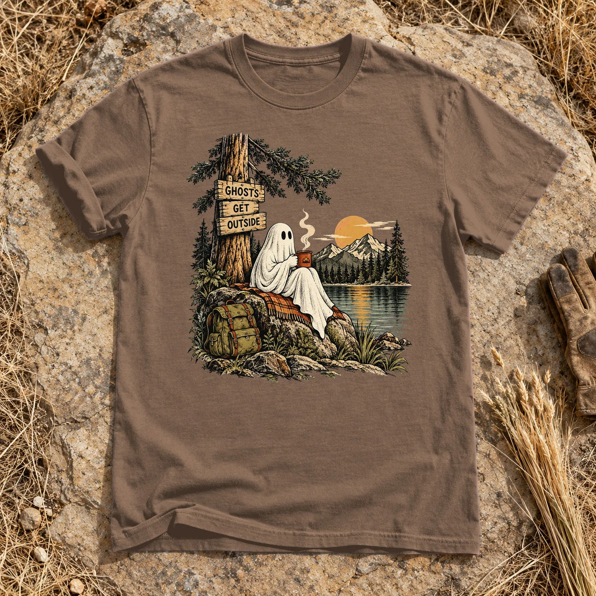 Ghosts Get Outside Graphic Tee on Espresso Premium Tee