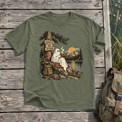 Ghosts Get Outside Graphic Tee on Moss Premium Tee