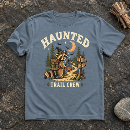 Haunted Trail Crew Raccoon Graphic Tee on Heather Indigo Everyday Soft Tee