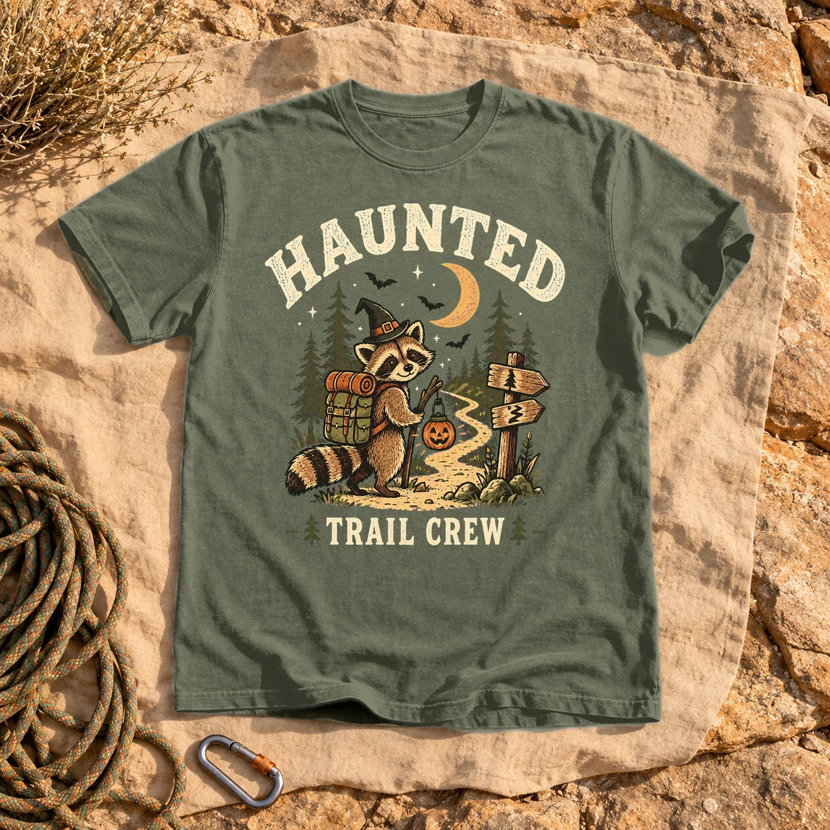 Haunted Trail Crew Raccoon Graphic Tee on Moss Premium Tee