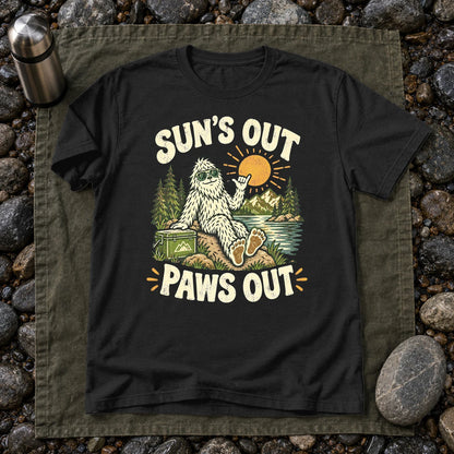 Sun's Out Paws Out Bigfoot Graphic Tee on Black Everyday Soft Tee