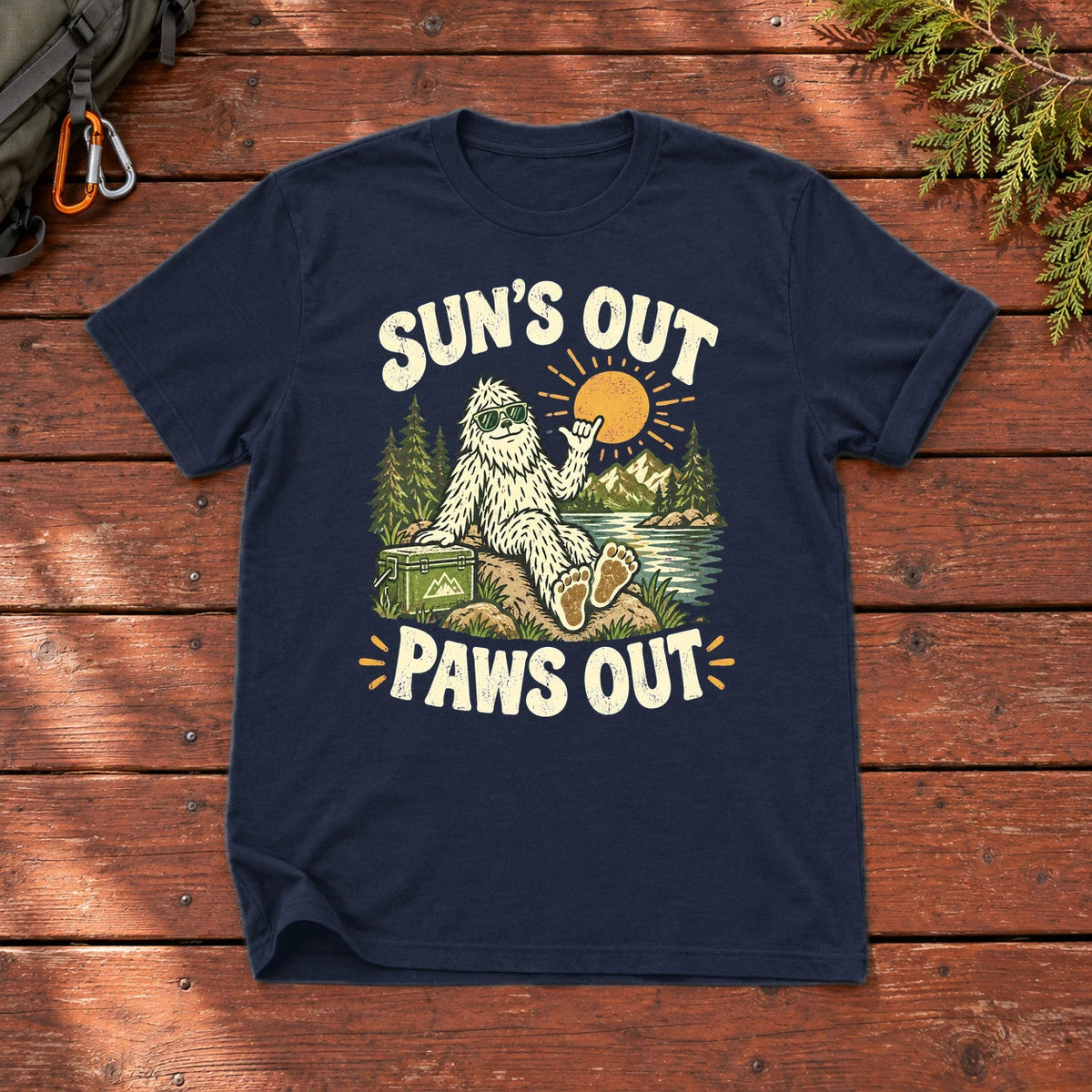 Sun's Out Paws Out Bigfoot Graphic Tee on Navy Everyday Soft Tee