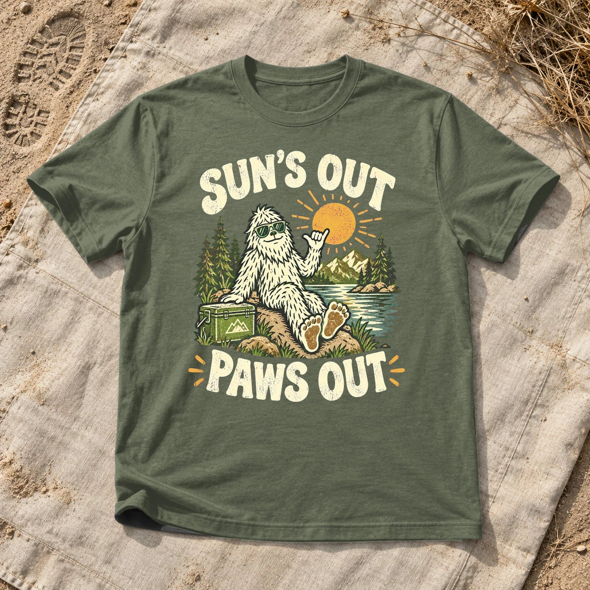 Sun's Out Paws Out Bigfoot Graphic Tee on Military Green Everyday Soft Tee