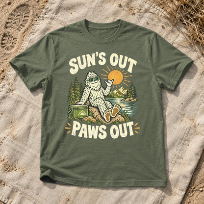 Sun's Out Paws Out Bigfoot Graphic Tee on Military Green Everyday Soft Tee