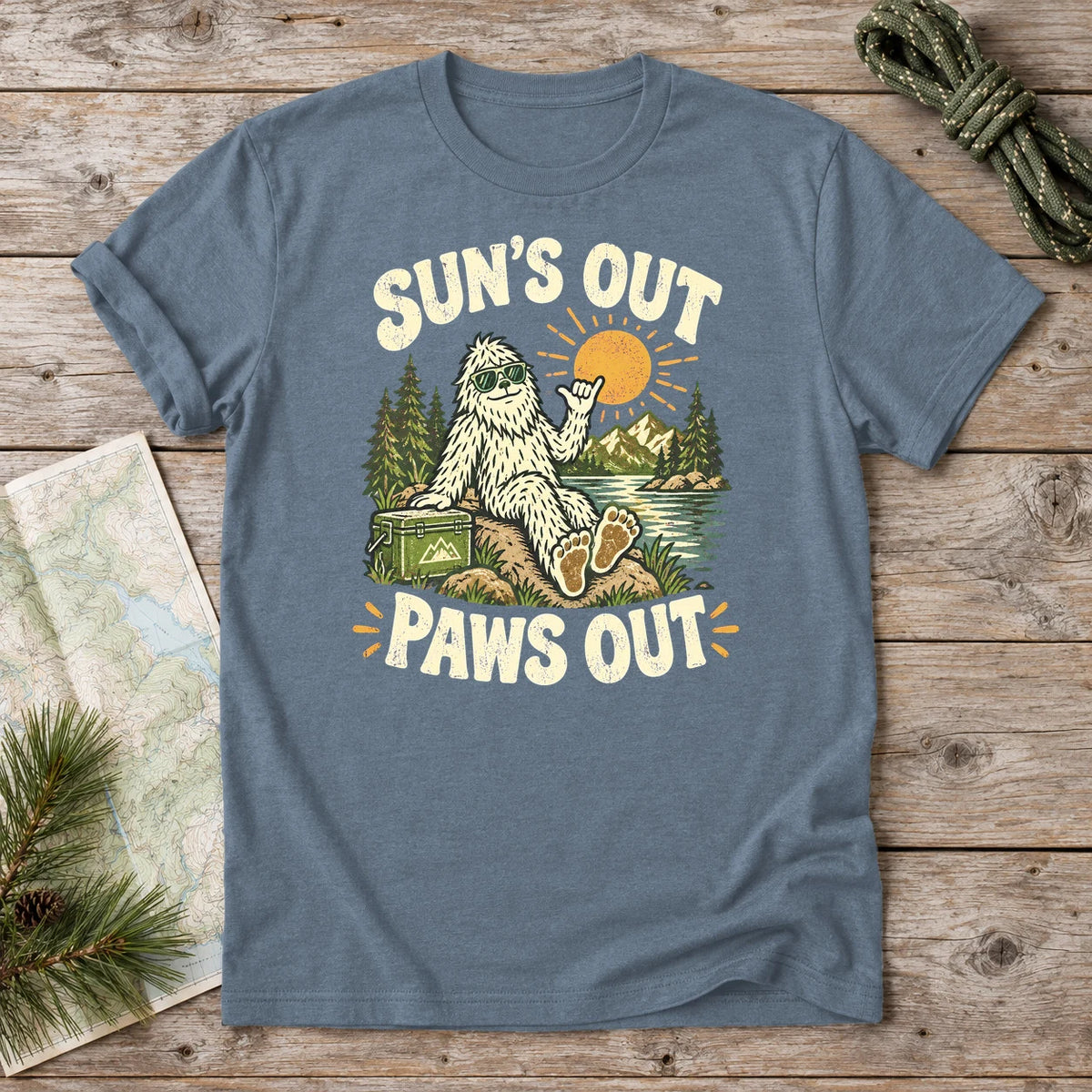 Sun's Out Paws Out Bigfoot Graphic Tee on Heather Indigo Everyday Soft Tee