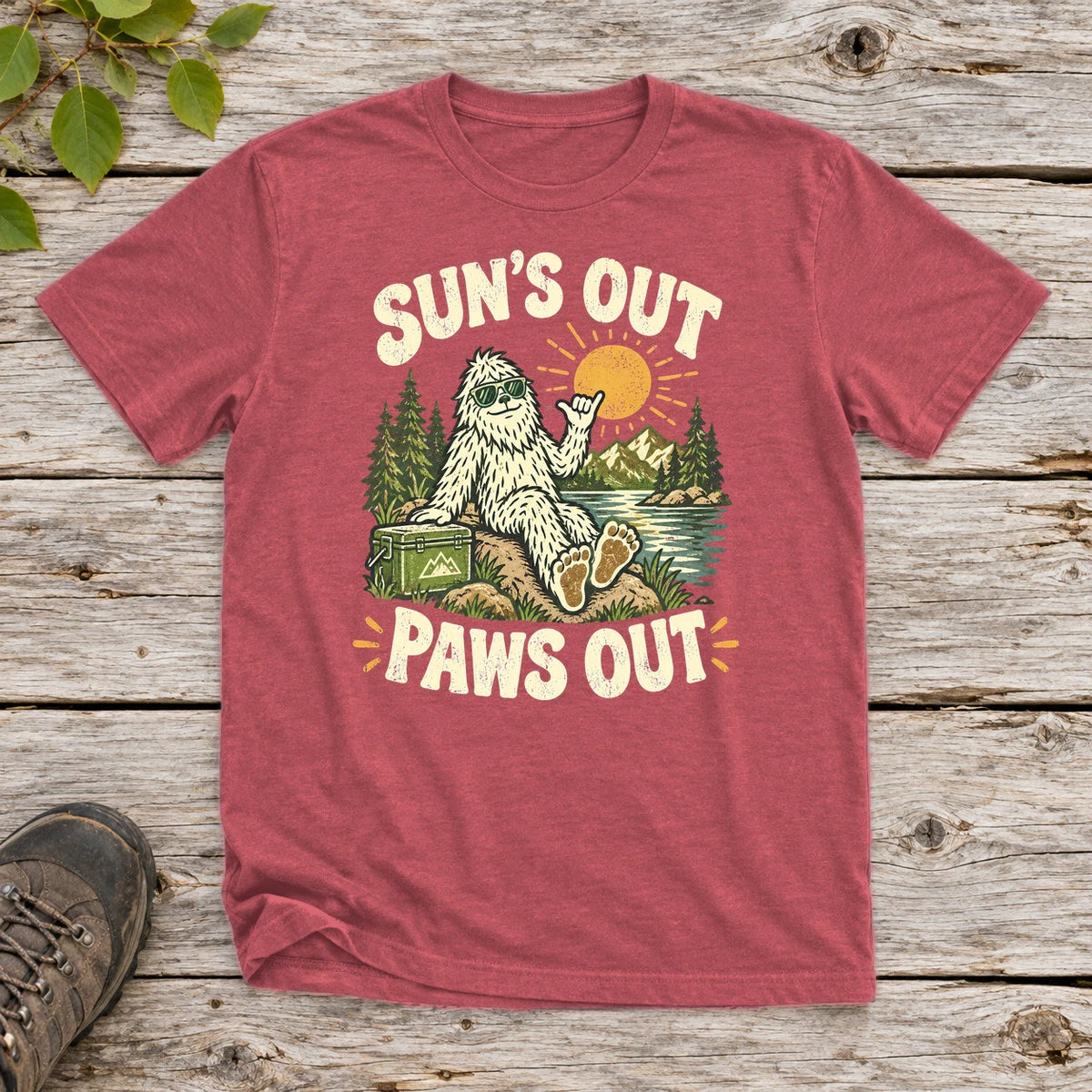 Sun's Out Paws Out Bigfoot Graphic Tee on Heather Red Everyday Soft Tee
