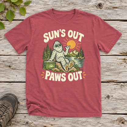 Sun's Out Paws Out Bigfoot Graphic Tee on Heather Red Everyday Soft Tee