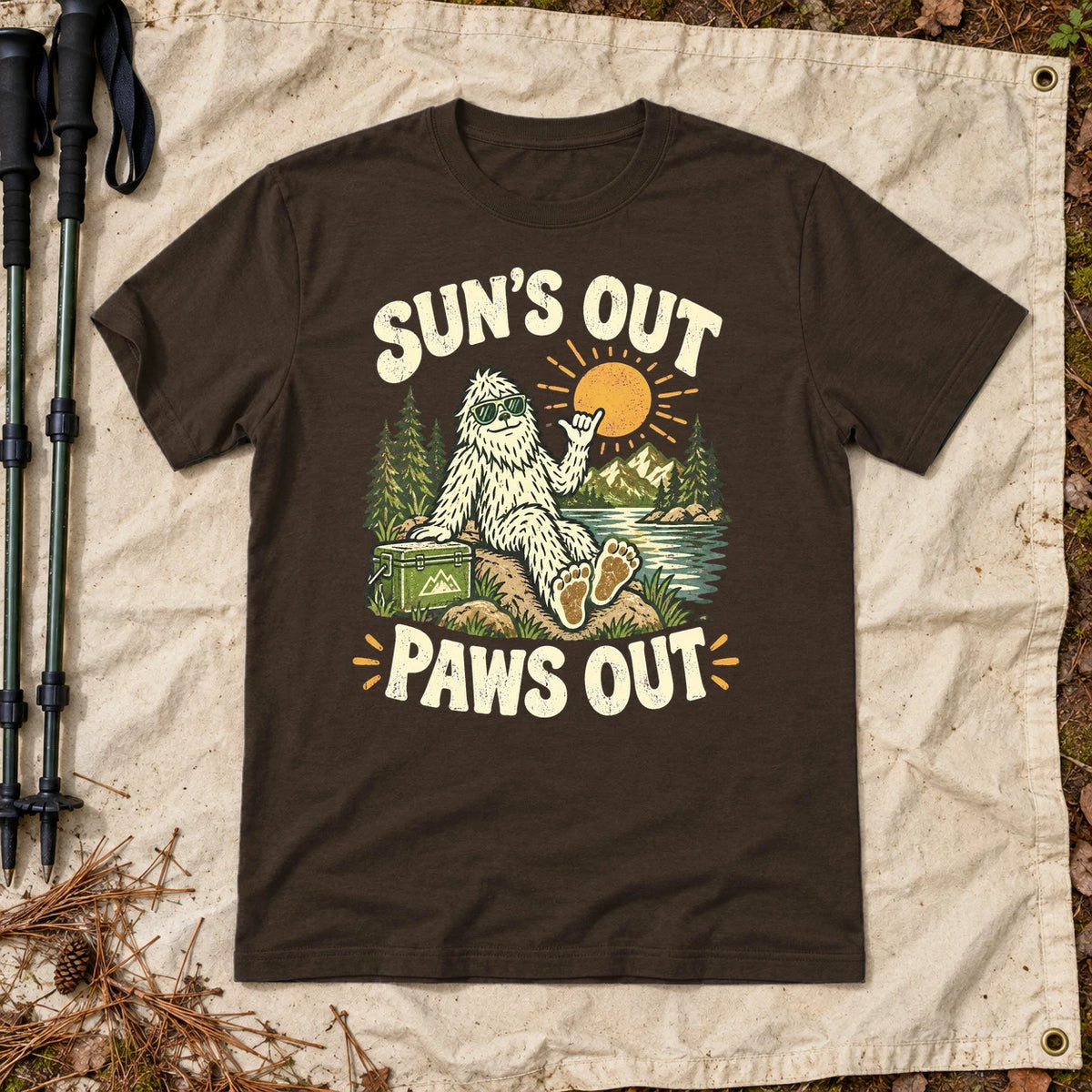 Sun's Out Paws Out Bigfoot Graphic Tee on Dark Chocolate Everyday Soft Tee