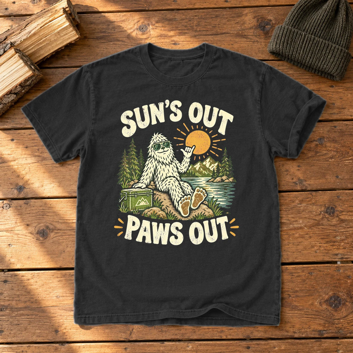 Sun's Out Paws Out Bigfoot Graphic Tee on Black Premium Tee