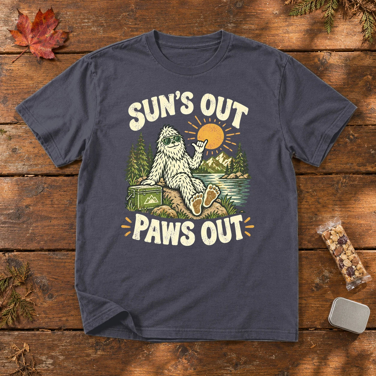 Sun's Out Paws Out Bigfoot Graphic Tee on Navy Premium Tee