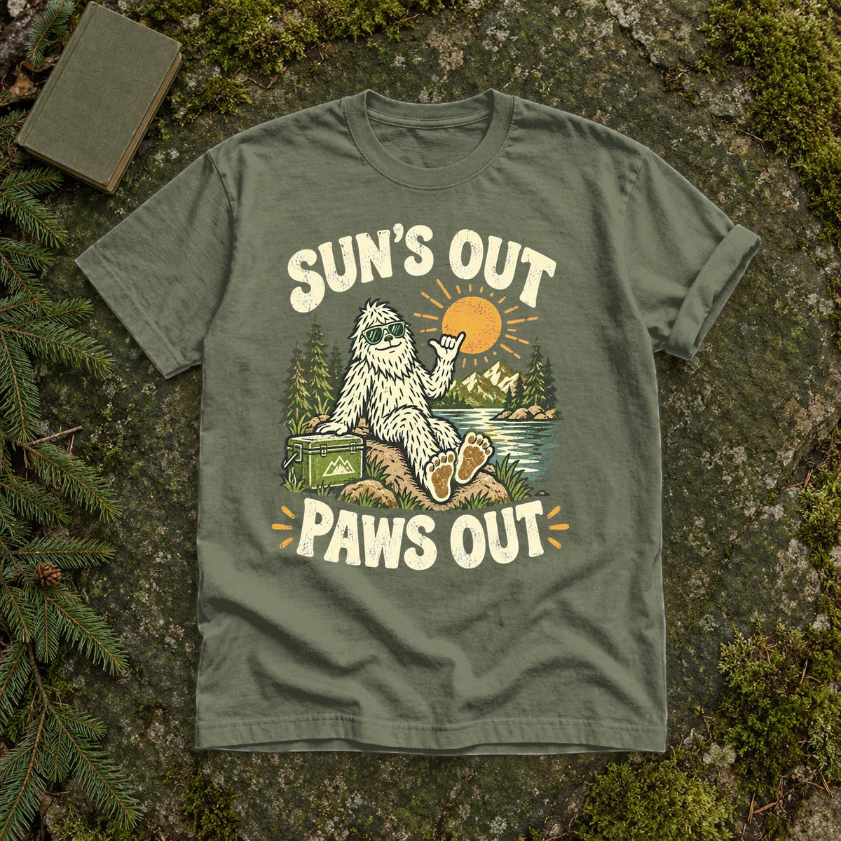 Sun's Out Paws Out Bigfoot Graphic Tee on Moss Premium Tee