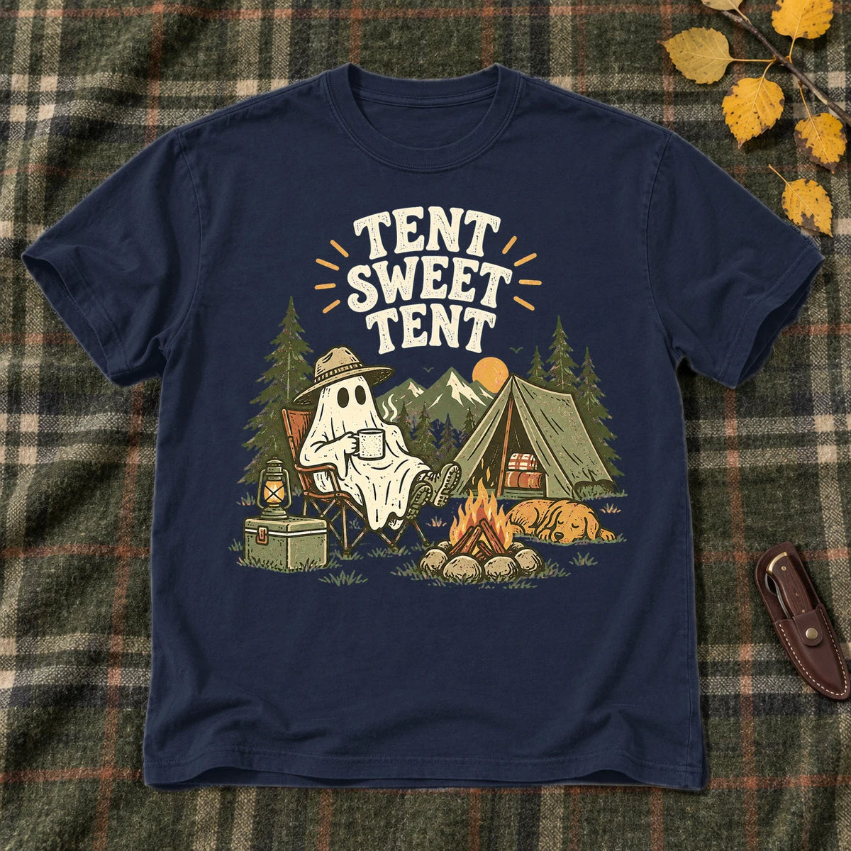 Tent Sweet Tent Ghost Camper Graphic Tee on Navy Everyday Soft Tee