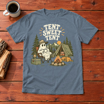 Tent Sweet Tent Ghost Camper Graphic Tee on Heather Indigo Everyday Soft Tee
