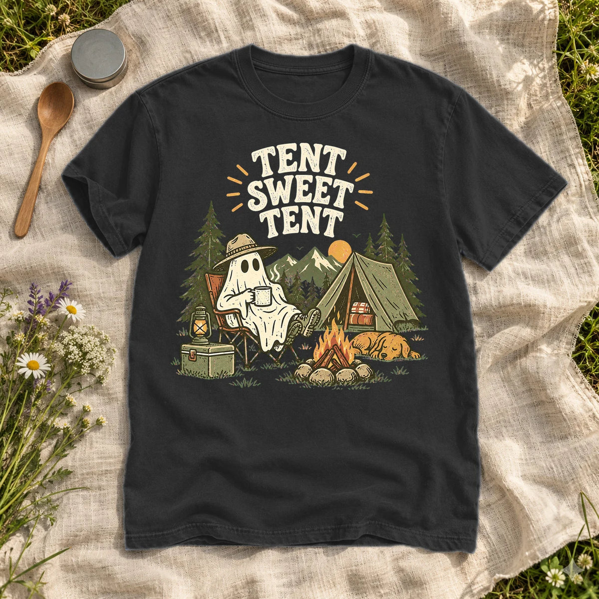Tent Sweet Tent Ghost Camper Graphic Tee on Black Premium Tee