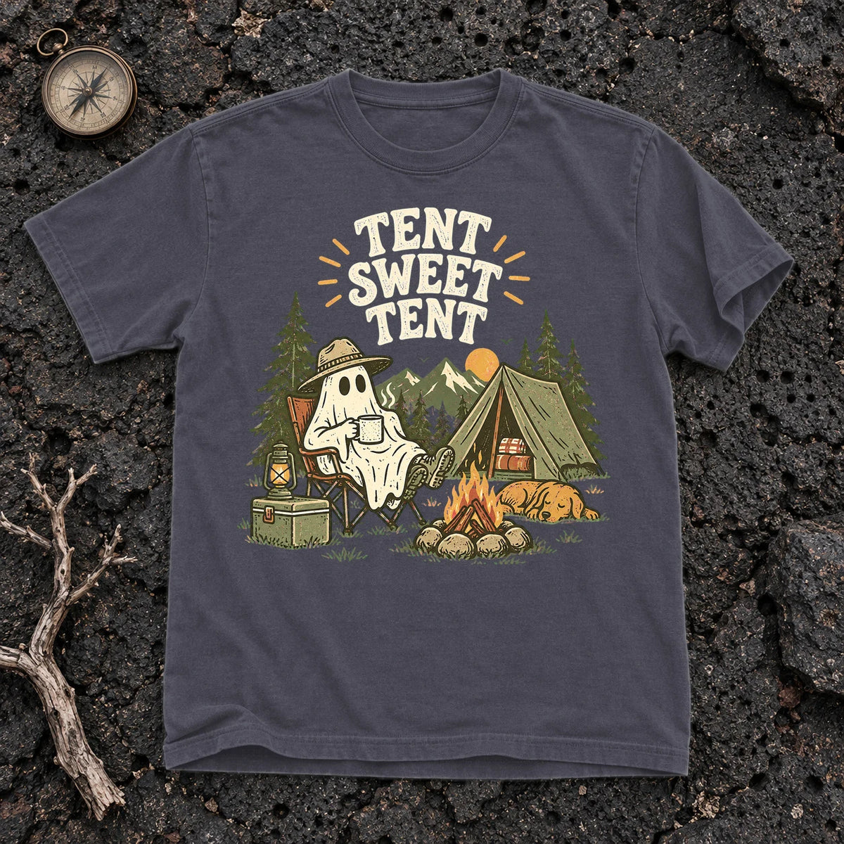 Tent Sweet Tent Ghost Camper Graphic Tee on Navy Premium Tee