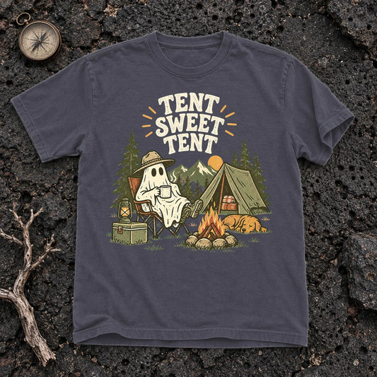Tent Sweet Tent Ghost Camper Graphic Tee on Navy Premium Tee
