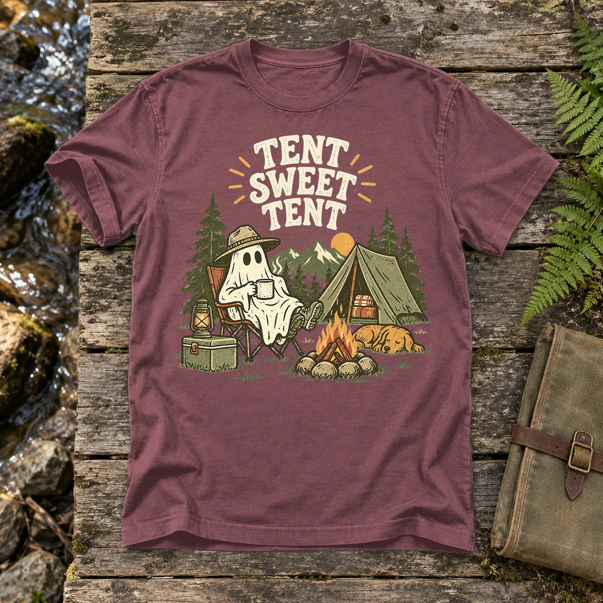 Tent Sweet Tent Ghost Camper Graphic Tee on Brick Premium Tee