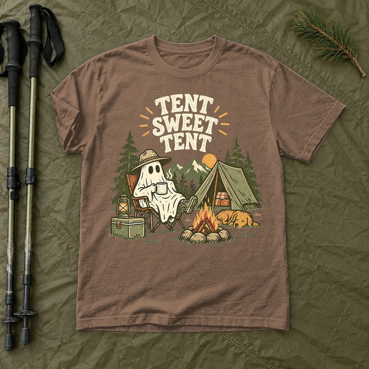 Tent Sweet Tent Ghost Camper Graphic Tee on Espresso Premium Tee