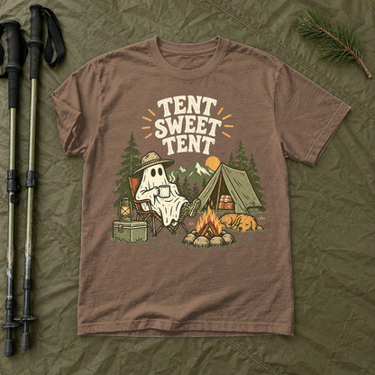 Tent Sweet Tent Ghost Camper Graphic Tee on Espresso Premium Tee
