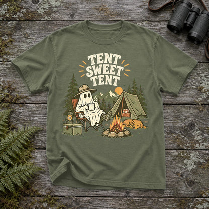 Tent Sweet Tent Ghost Camper Graphic Tee on Moss Premium Tee
