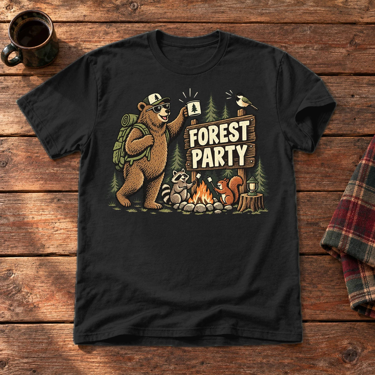 Forest Party Retro Camping Graphic Tee on Black Everyday Soft Tee