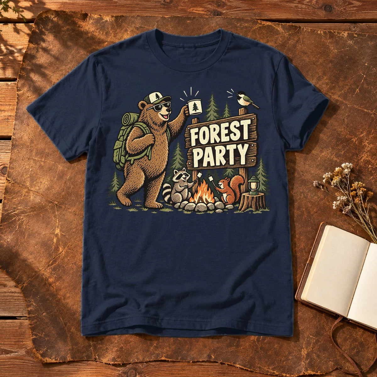 Forest Party Retro Camping Graphic Tee on Navy Everyday Soft Tee