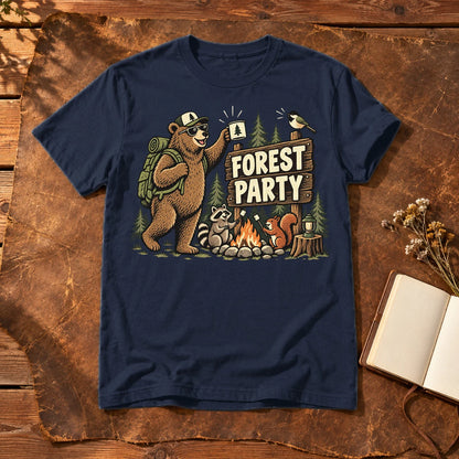 Forest Party Retro Camping Graphic Tee on Navy Everyday Soft Tee