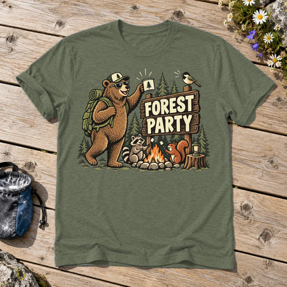 Forest Party Retro Camping Graphic Tee on Military Green Everyday Soft Tee