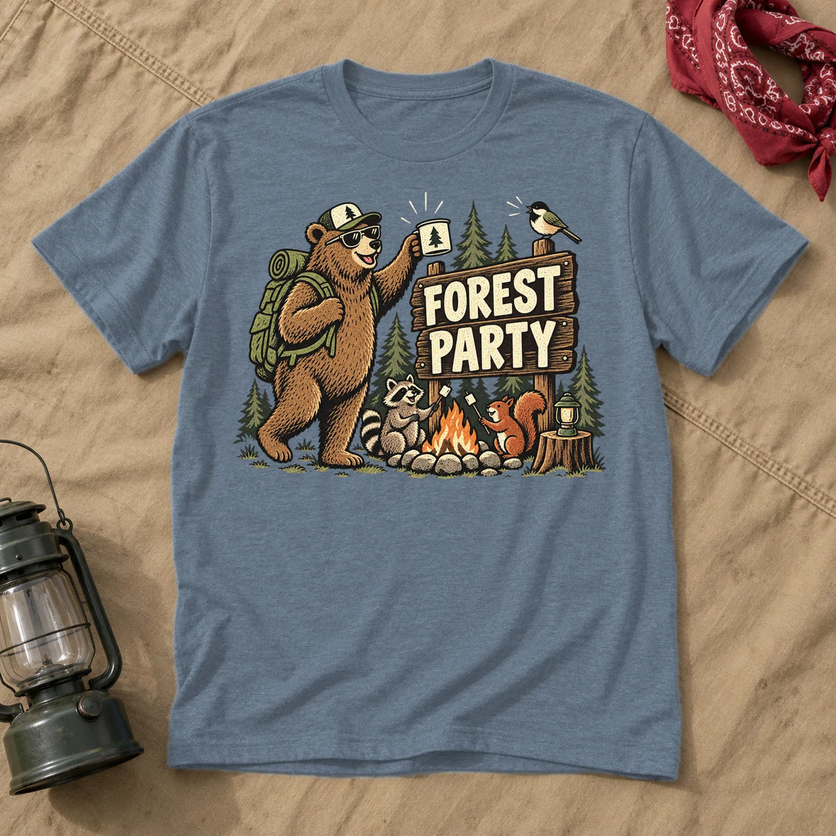 Forest Party Retro Camping Graphic Tee on Heather Indigo Everyday Soft Tee