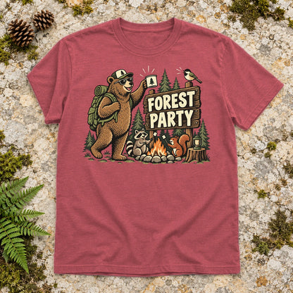 Forest Party Retro Camping Graphic Tee on Heather Red Everyday Soft Tee