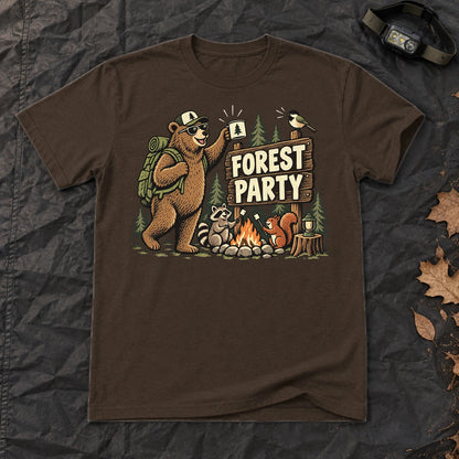 Forest Party Retro Camping Graphic Tee on Dark Chocolate Everyday Soft Tee