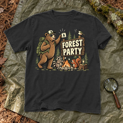 Forest Party Retro Camping Graphic Tee on Black Premium Tee