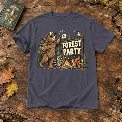 Forest Party Retro Camping Graphic Tee on Navy Premium Tee
