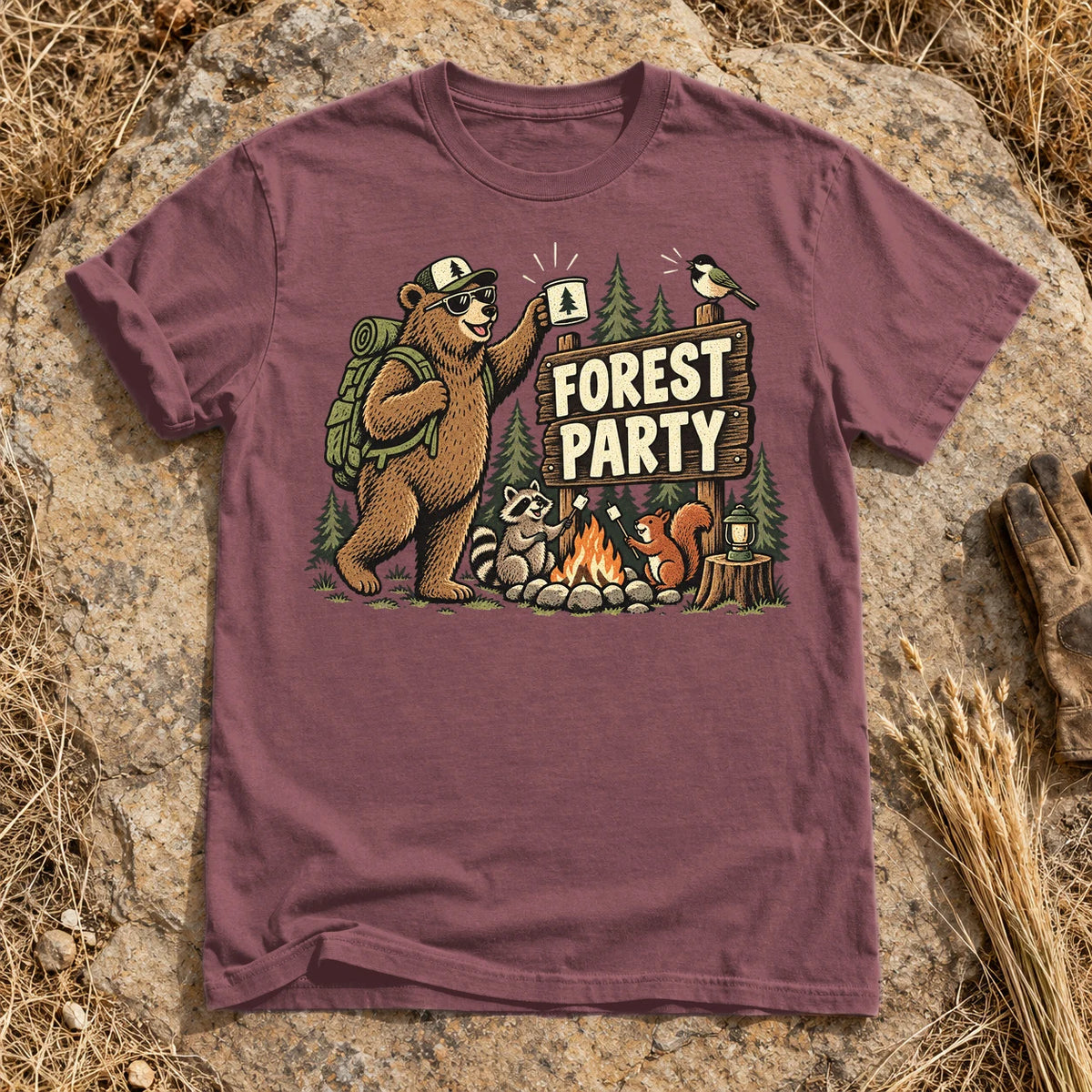 Forest Party Retro Camping Graphic Tee on Brick Premium Tee