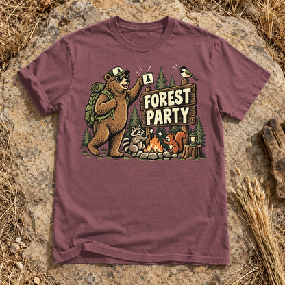 Forest Party Retro Camping Graphic Tee on Brick Premium Tee