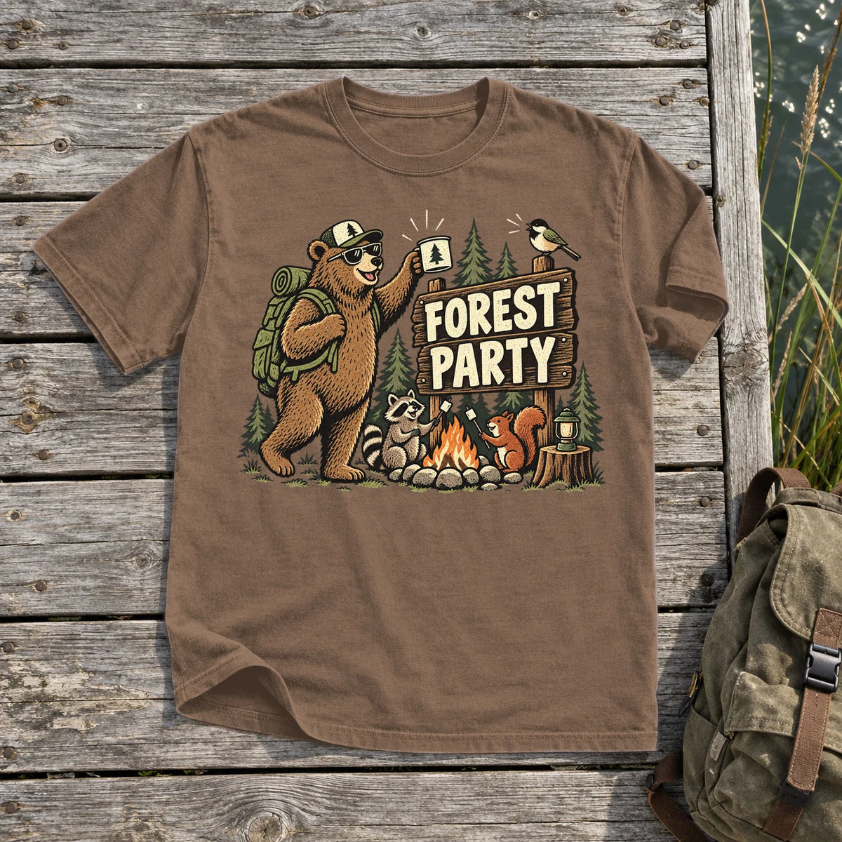 Forest Party Retro Camping Graphic Tee on Espresso Premium Tee