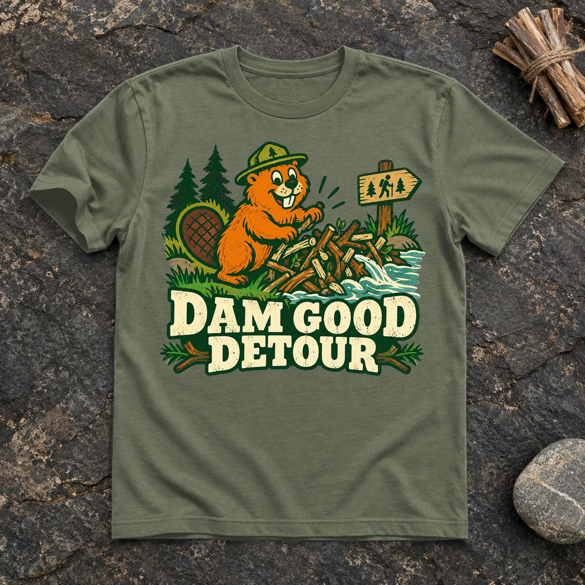Dam Good Detour Retro Beaver Graphic Tee on Military Green Everyday Soft Tee