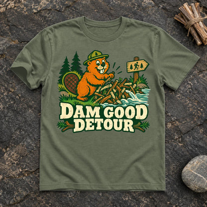 Dam Good Detour Retro Beaver Graphic Tee on Military Green Everyday Soft Tee
