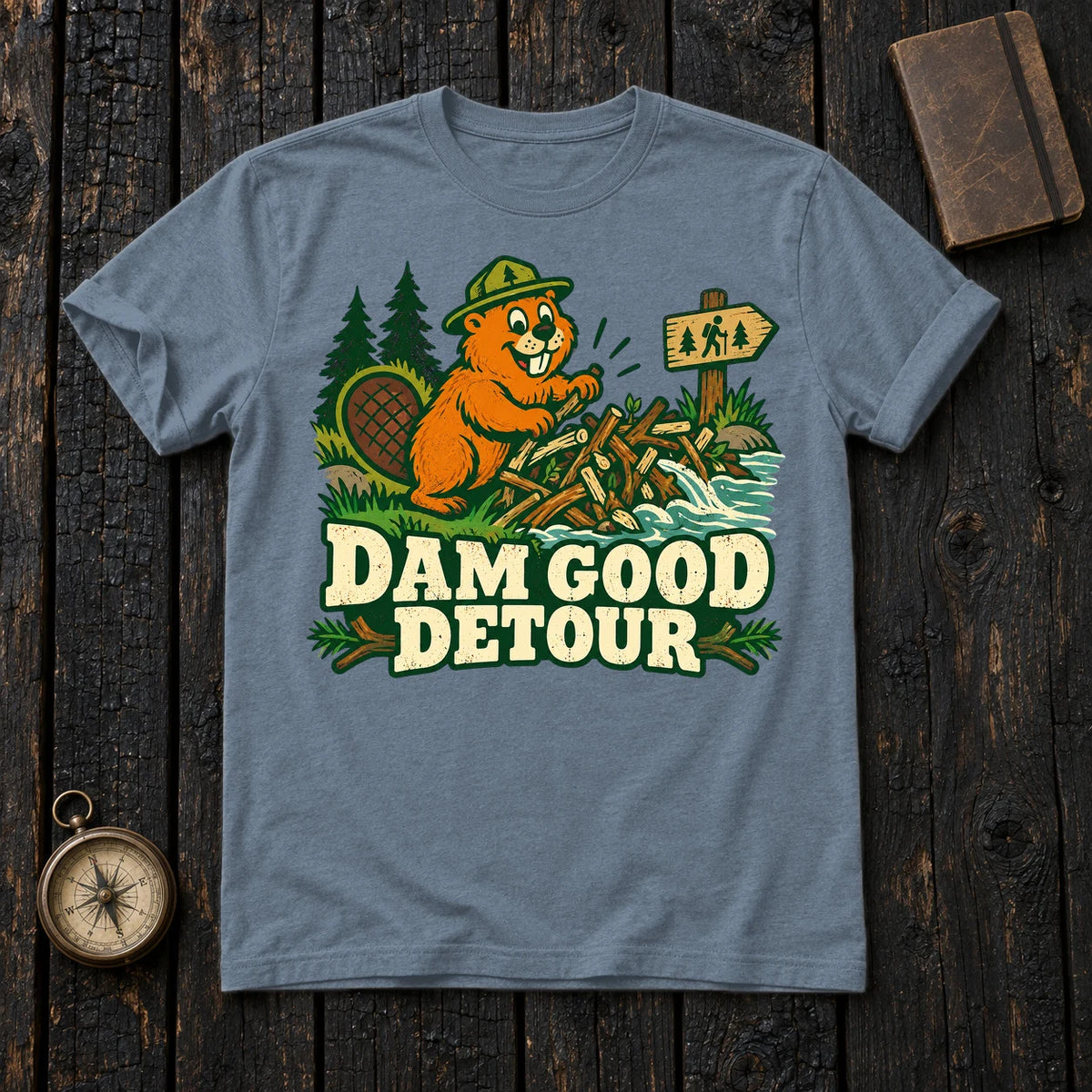 Dam Good Detour Retro Beaver Graphic Tee on Heather Indigo Everyday Soft Tee