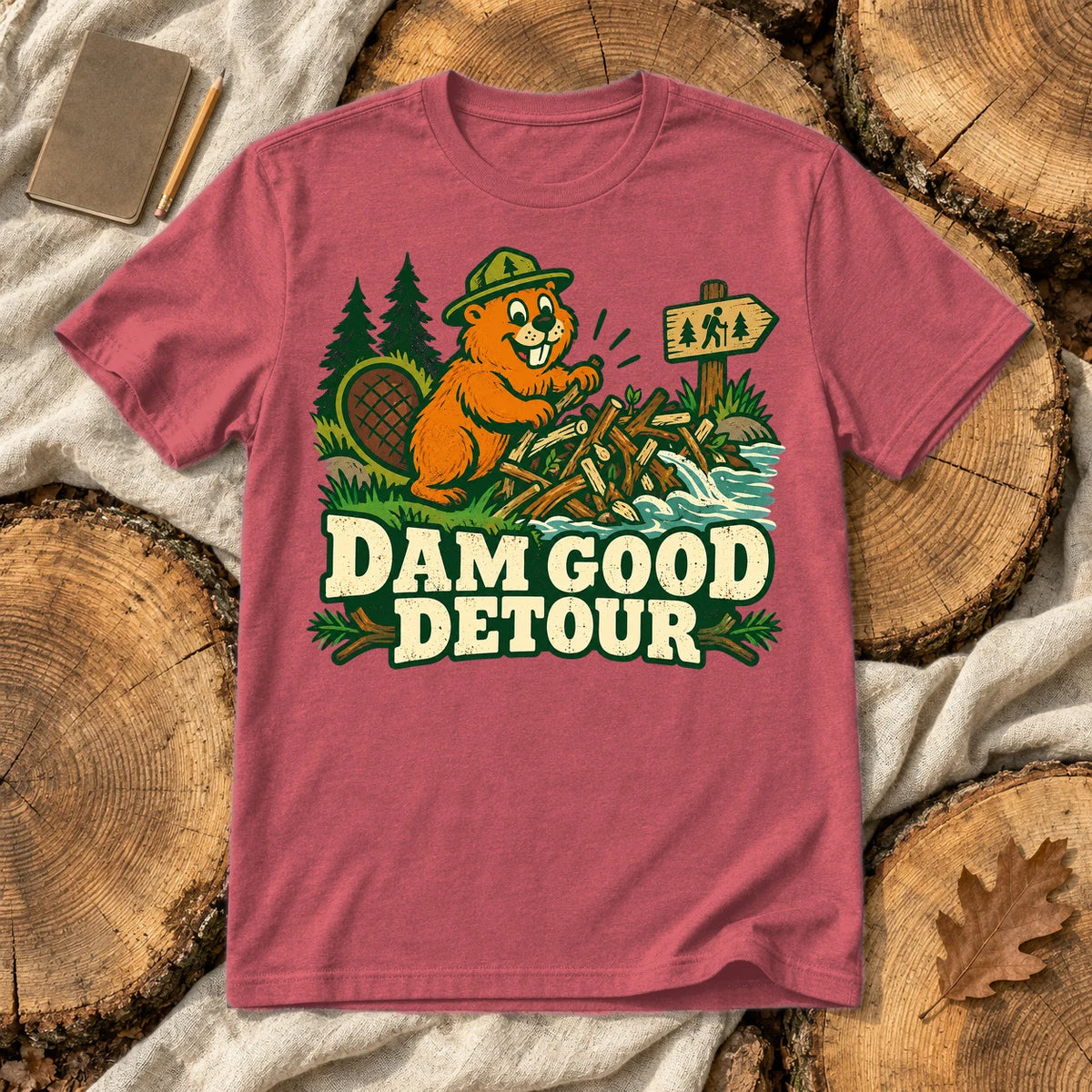 Dam Good Detour Retro Beaver Graphic Tee on Heather Red Everyday Soft Tee