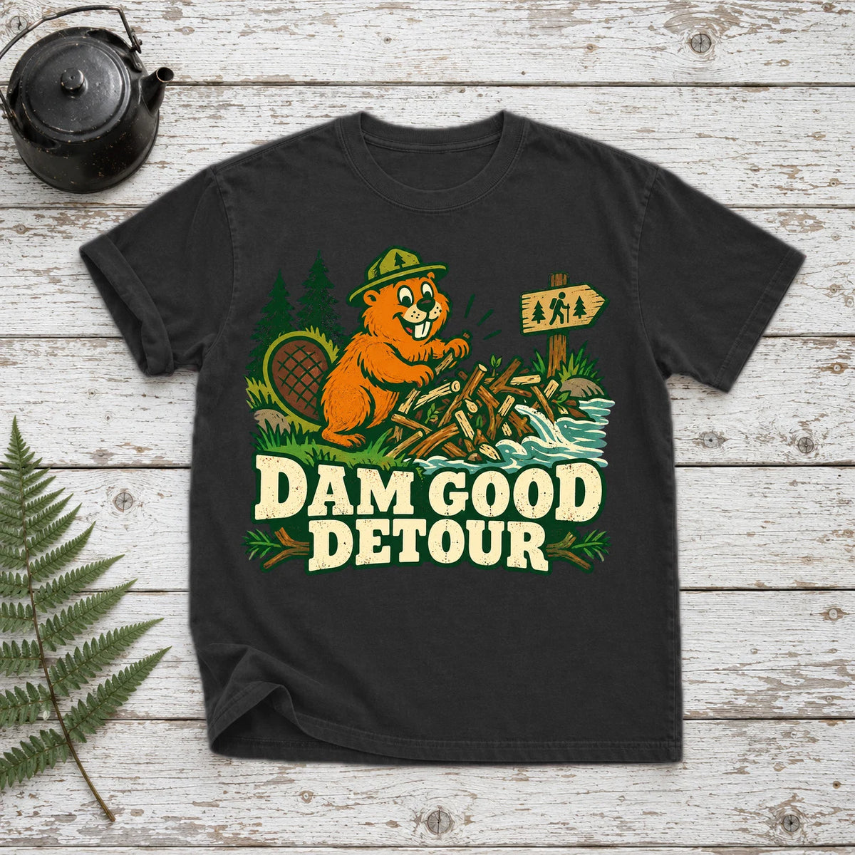 Dam Good Detour Retro Beaver Graphic Tee on Black Premium Tee
