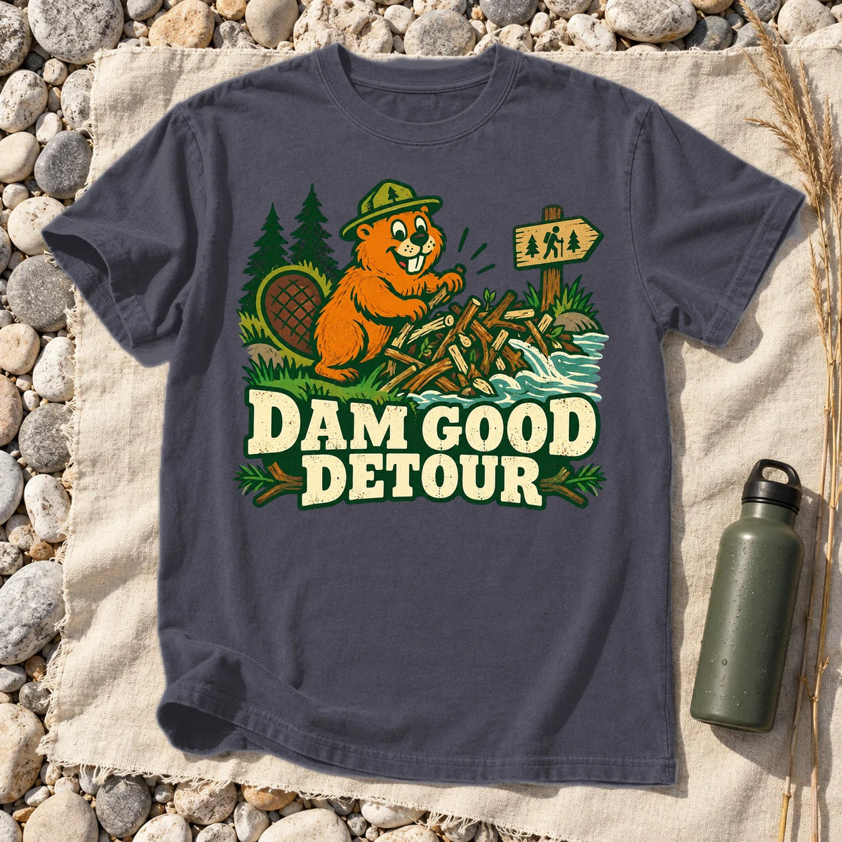 Dam Good Detour Retro Beaver Graphic Tee on Navy Premium Tee