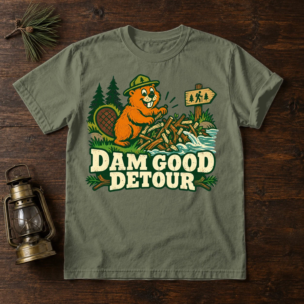 Dam Good Detour Retro Beaver Graphic Tee on Moss Premium Tee